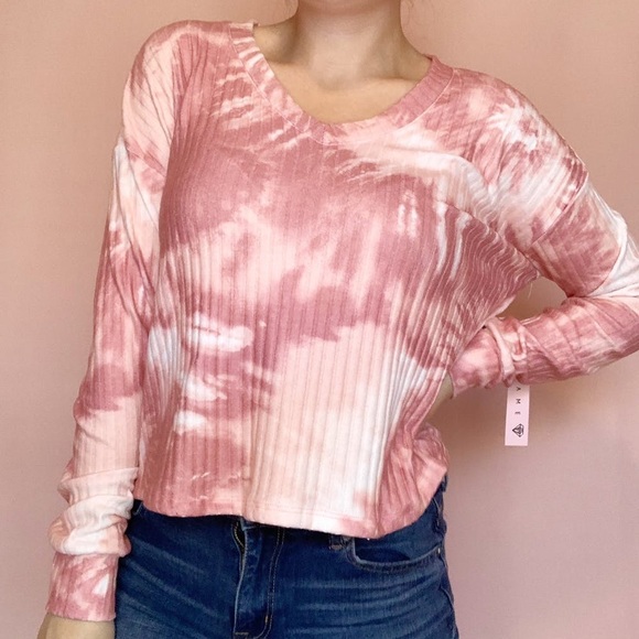 Crave Fame Tops - Crave Fame V-Neck Tie Dye Ribbed Thermal Pink